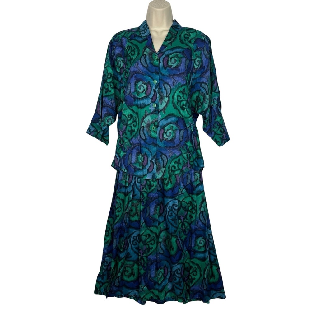 Vintage Ms. Interpret New York 2 Pc Skirt Set Womens 10 Teal Blue Abstract Print